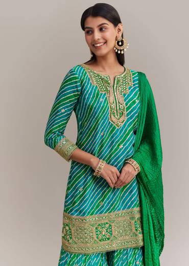 Turquoise Green Chinon Leheriya Embroidered Sharara Set