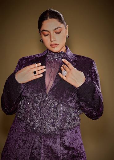 Violet Embroidered Velvet Blazer Set With Polo Neck Top And Pants