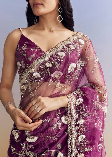 Violet Organza Saree With All Over Embroidered Floral Jaal
