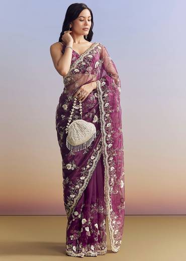Violet Organza Saree With All Over Embroidered Floral Jaal