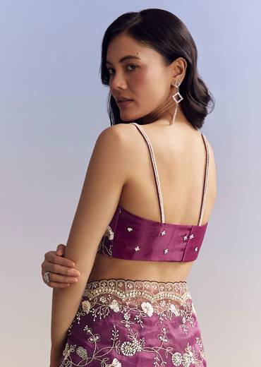 Violet Organza Saree With All Over Embroidered Floral Jaal