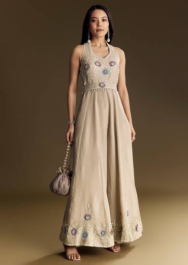 Warm Grey Indowestern Jumpsuit With Cut Dana And Sequin Embroidery