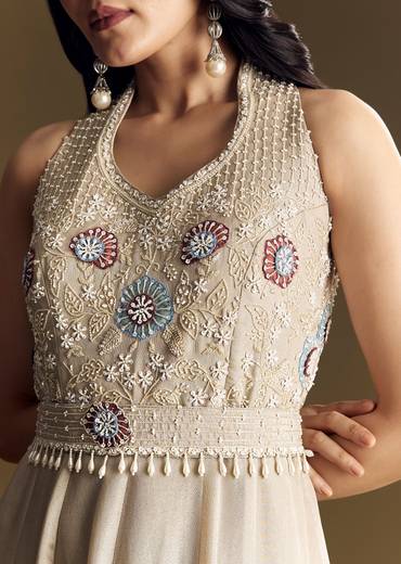 Warm Grey Indowestern Jumpsuit With Cut Dana And Sequin Embroidery