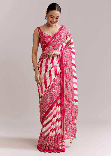 White And Pink Silk Saree With Lehariya And Bandhani Print