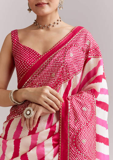 White And Pink Silk Saree With Lehariya And Bandhani Print