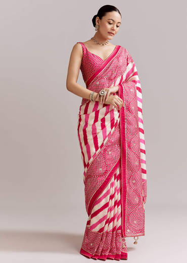White And Pink Silk Saree With Lehariya And Bandhani Print