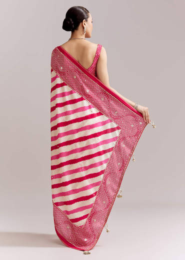 White And Pink Silk Saree With Lehariya And Bandhani Print