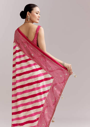 White And Pink Silk Saree With Lehariya And Bandhani Print
