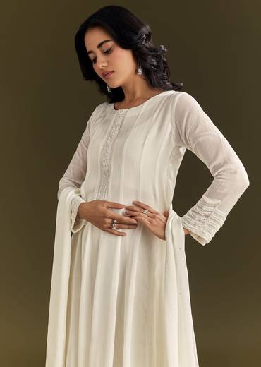White Chinon Beaded Sequin Anarkali Suit With Dupatta