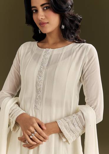 White Chinon Beaded Sequin Anarkali Suit With Dupatta