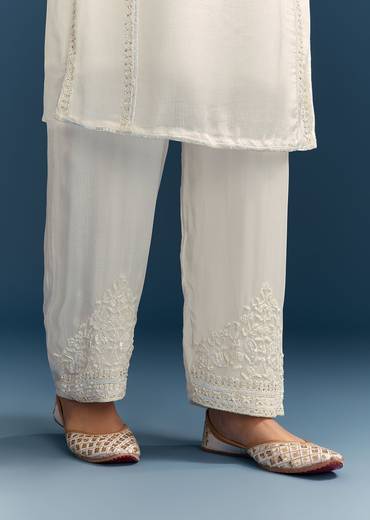 White Chinon Kurta Set With Sequins And Cut Dana Work