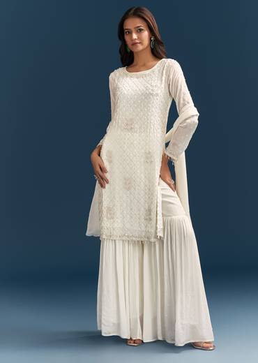 White Chinon Sharara Suit With Sequins Moti And Cut Dana Detailing