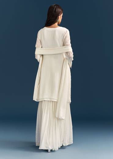 White Chinon Sharara Suit With Sequins Moti And Cut Dana Detailing