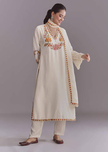 White Crepe Kurta Set With Multicolour Resham Work