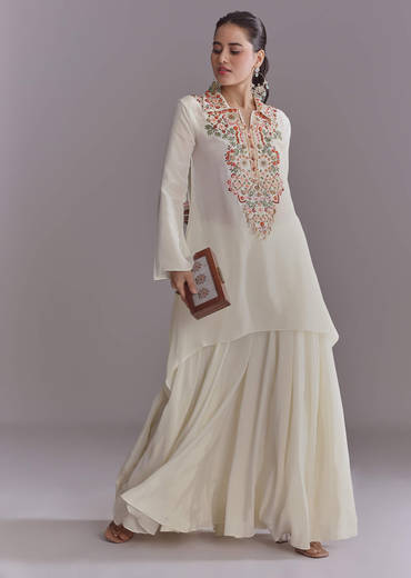 White Crepe Palazzo Suit With Thread And Resham Work