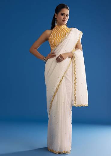 White Crepe Silk Saree With Mirror Scallop Contrast Border And Yellow Blouse