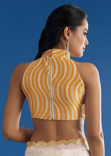 White Crepe Silk Saree With Mirror Scallop Contrast Border And Yellow Blouse