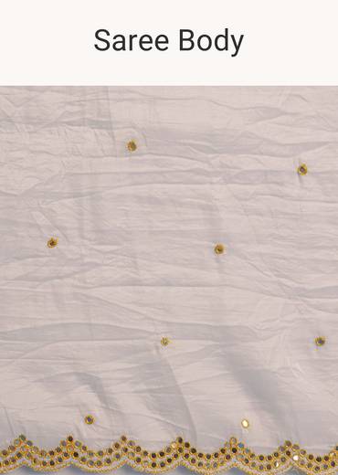 White Crepe Silk Saree With Mirror Scallop Contrast Border And Yellow Blouse