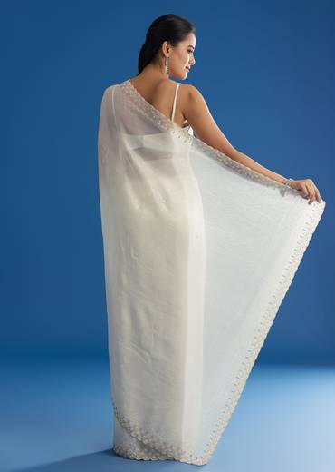 White Crepe Tissue Saree With Moti Beads And Cutdana Embroidery