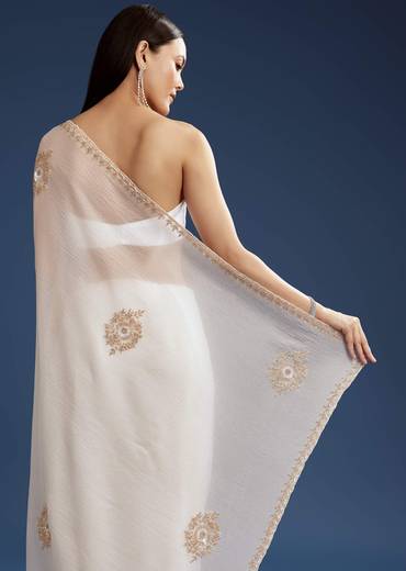 White Crushed Tissue Cutdana And Sequin Embroidered Saree