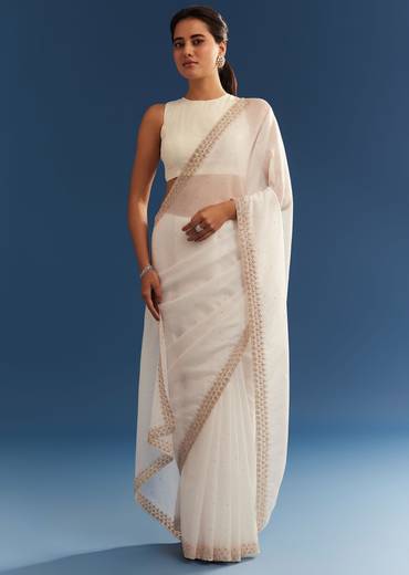 White Crushed Tissue Cutdana Embroidered Saree