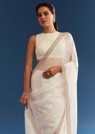 White Crushed Tissue Cutdana Embroidered Saree