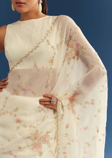 White Crushed Tissue Floral Embroidered Saree