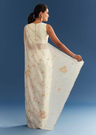 White Crushed Tissue Floral Embroidered Saree