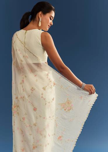 White Crushed Tissue Floral Embroidered Saree