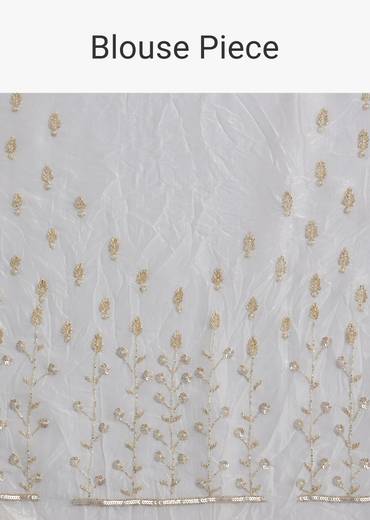 White Crushed Tissue Saree With Stones And Sequins Embroidery And Scallop Border