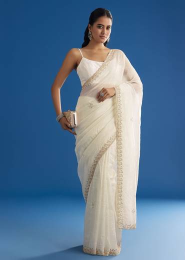 White Crushed Tissue Saree With Stones And Sequins Embroidery And Scallop Border