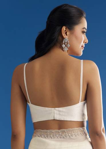 White Crushed Tissue Saree With Stones And Sequins Embroidery And Scallop Border