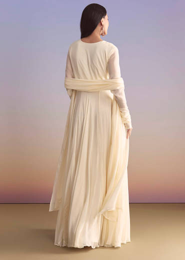 White Georgette Anarkali Suit With Resham and Sequins Work