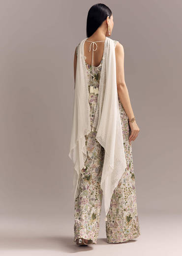 White Georgette Palazzo Suit With Sequins And Resham Embroidery