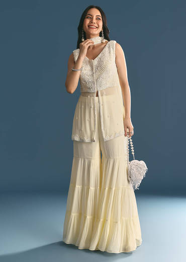 White Georgette Peplum Kurta Sharara Set With Beads And Sequins