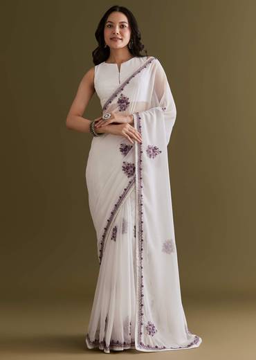 White Georgette Saree With Kashmiri Bud Embroidery