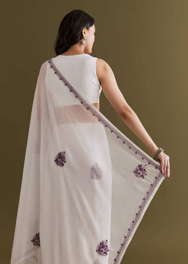 White Georgette Saree With Kashmiri Bud Embroidery