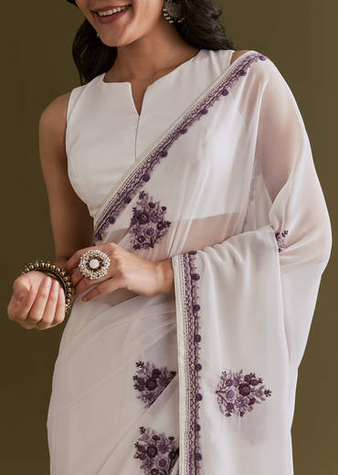 White Georgette Saree With Kashmiri Bud Embroidery