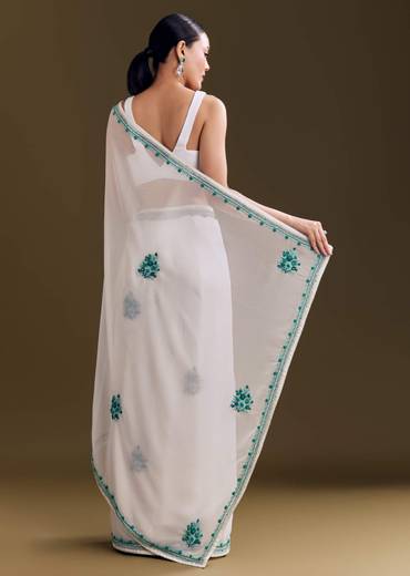 White Georgette Saree With Traditional Kashmiri Buds