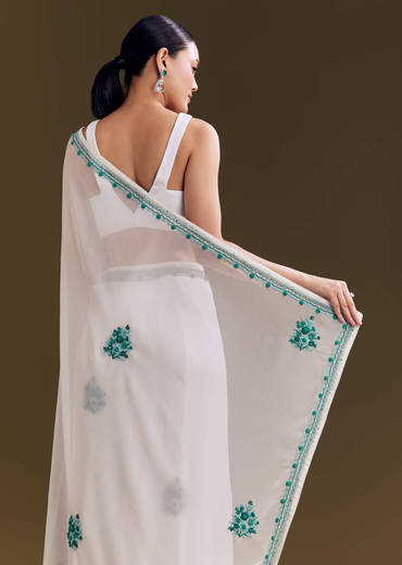 White Georgette Saree With Traditional Kashmiri Buds