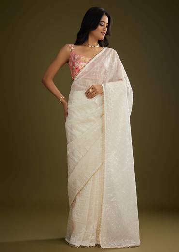 White Glass Tissue Embroidered Saree With Contrast Blouse