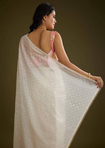 White Glass Tissue Embroidered Saree With Contrast Blouse