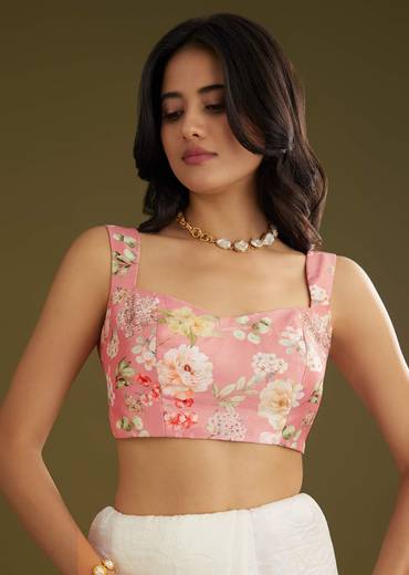 White Glass Tissue Embroidered Saree With Contrast Blouse