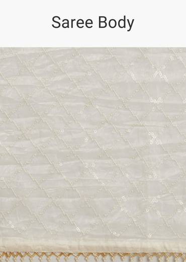 White Glass Tissue Embroidered Saree With Contrast Blouse