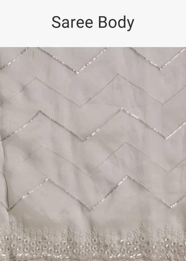 White Glass Tissue Saree With Sequins Embroidery And Scallop Border