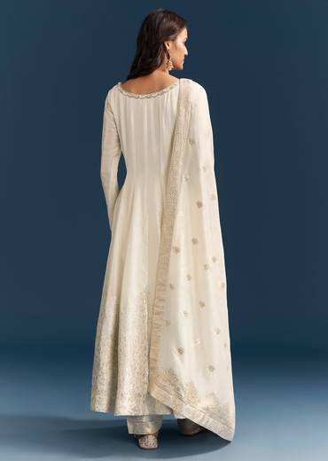 White Jacquard Anarkali Suit With Organza Dupatta
