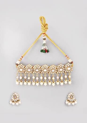 White Kundan Pendant Bead Drop Necklace and Earrings Set
