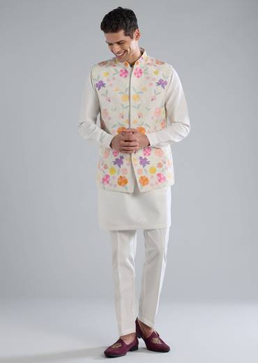 White Kurta Jacket Set With Dori Work Detailing