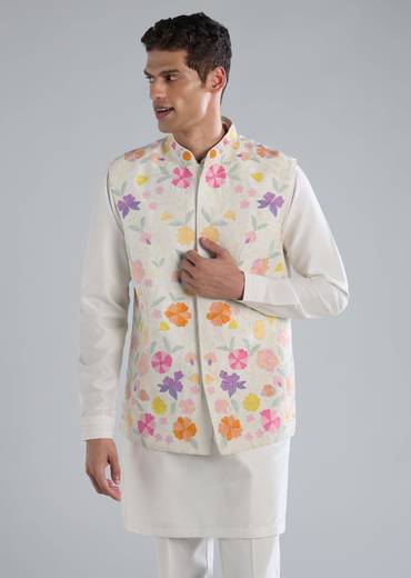 White Kurta Jacket Set With Dori Work Detailing