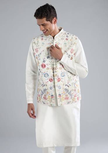 White Kurta Jacket Set With Thread Resham Work
